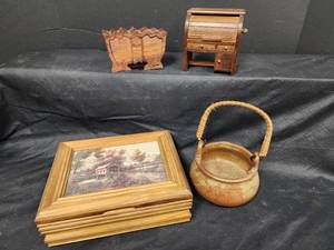 lot 563 image: Wood Trinket Box, Jewelry Box, Clay Basket and Music Box -
