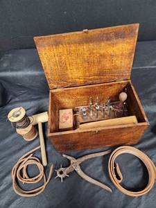 lot 567 image: Vintage Leather Working Tool Set with Wooden Box