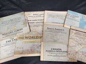 lot 572 image: Vintage Wicker Basket with Vintage Maps of Countries Around the World