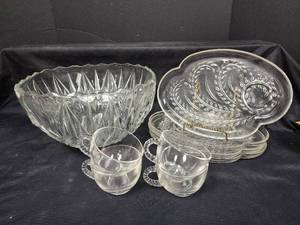 lot 593 image: Vintage Cut Glass Punch Bowl Set with Plates and Cups