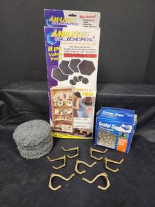 lot 607 image: Furniture Sliders and Brass Coat Hooks