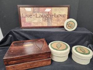 lot 646 image: Wooden Box with Hearts, Framed Picture and Set of Storage Containers