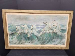 lot 3 image: Vintage 1958 The Wild White Horses Framed Art Print by Violet Skinner 36in. x 22in.