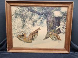 lot 6 image: Vintage Framed Wildlife Painting - Ruffed Grouse in Winter Scene 31in. x 25in.