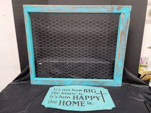 lot 7 image: Rustic Turquoise Chicken Wire Message Board with Home Quote 31in. x 26in.