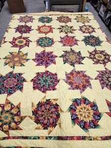 lot 11 image: Handmade Floral Star Pattern Quilt with Cream Background 92in. x 92in.