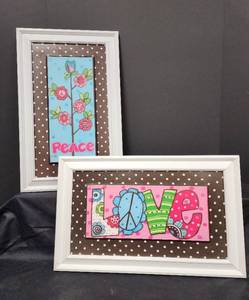 lot 653 image: Peace and Love Wall Art Set - Whimsical Floral Framed Prints