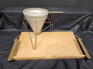 lot 673 image: Vintage Conical Strainer with Stand and Under Counter Drop Down Cookbook Holder
