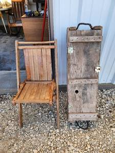 lot 821 image: Vintage Folding Chair and Wooden Military Ammunition Box