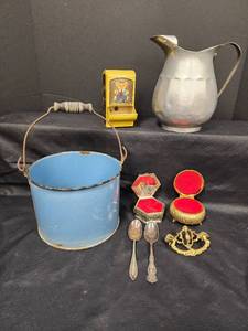 lot 68 image: Vintage Collection - Enamel Bucket, Teddy Bear Box, Jewelry Boxes & Silverware