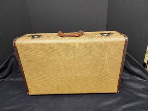 lot 89 image: Vintage Tweed Hardshell Suitcase with Brown Leather Trim