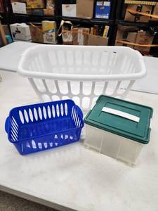 lot 94 image: Plastic Storage Container Set - Laundry Basket, Organizer Bin and Storage Box