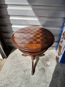 lot 691 image: 24 x 27 Vintage Wooden Chess Table with Two-Tier Design