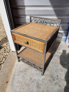 lot 693 image: 20x18x28 Wicker and Metal Nightstand with Drawer and Shelf