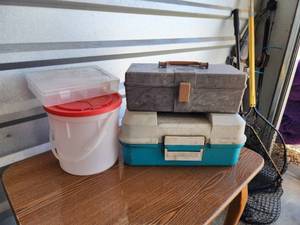 lot 698 image: Vintage Fishing Tackle Boxes - Woodstream and Falls City with Bait Bucket