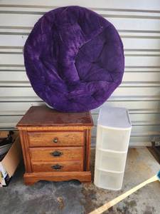 lot 720 image: Broyhill 2-Drawer Wooden Nightstand, Round Purple Chair, and Plastic Organizer