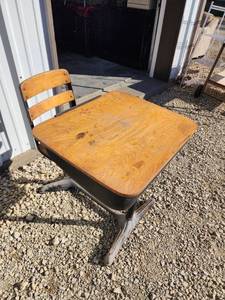 lot 808 image: Vintage School Desk with Attached Chair - Metal Base Wood Top