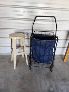 lot 827 image: Metal Bar Stool and Folding Shopping Cart with Blue Liner