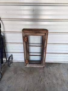 lot 834 image: Vintage Wooden Three-Pane Window Frame Cabinet with Original Hardware 17x31x 6