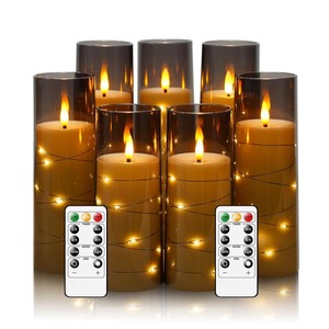 lot 7627006 image: Eebuss Flameless Candles with Embedded Star String, Battery Operated LED Pillar Candles with Timer and Remote Control,Home Decorating for Ambiance -� Set of 7 (D 2.3x �H 5 5 6 6 7 7 7)(Grey)