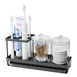 lot 7627030 image: JDOTL Bathroom Toothbrush Holder Set with 2 Canisters, Shower Toothpaste Organizer with Drainage Tray, Electric Tooth Brush Caddy Storage Stand for Vanity Countertop, Black Bathroom Accessories Decor