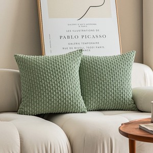 lot 7627031 image: Kevin Textile 2 Packs Decorative Throw Pillow Covers 18x18 Inch for Living Room Couch Bed Spring Sofa Soft Striped Corduroy Square Cushion Case 45x45 cm Farmhouse Boho Home Decor Sage Green