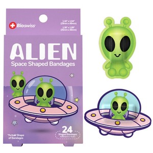 lot 7627040 image: BioSwiss Bandages, Halloween Alien Shaped Self Adhesive Bandage, Latex Free Sterile Wound Care, Fun First Aid Kit Supplies for Kids, 24 Count