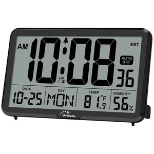 lot 7627087 image: WallarGe Auto Set Digital Wall Clock Battery Operated, Desk Clocks with Temperature, Humidity and Date, Large Display Digital Calendar Alarm Clock for Elderly, Bedroom, Office, 8 Time Zone, Auto DST.