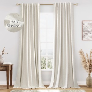 lot 7627100 image: Cream Linen Blackout Curtains 90 Inch Length 2 Panels Set for Living Room Bedroom Back Tab Thermal Insulated 100% Black Out Linen Drapes Room Darkening Window Curtains 90 Inches Long Ivory Natural