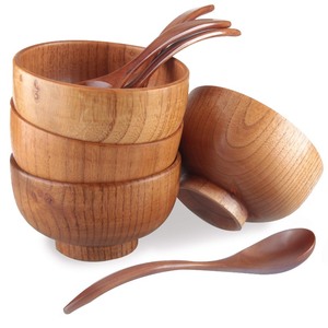 lot 7627129 image: Originalidad Handmade Wood Bowls, Jujube Wooden Japanese Bowls with Matching Spoon for Rice, Soup, Dip, Salad, Tea, Decoration 4 Sets (4 Bowls 4.2 IN  4 Spoons)