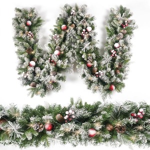 lot 7627133 image: Christmas Garland Flocked 9ft with 50 Lights, Christmas Decor with Pine Cone Red Balls & Berries 50 Light Timer for Mantle Staircase Indoor and Outdoor