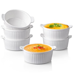 lot 7627134 image: Delling Ramekins with Handle, 6 PACK Soup Bowls for French Onion Soup, Pot Pie, Lava Cakes, Creme Brulee, 12 Oz Porcelain Souffle Dish for Baking, White