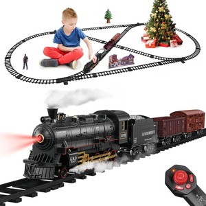 lot 7627145 image: Train Set for Kids Remote Control Steam Locomotive Retro Train, with Railroad Carriages Long Tracks, Battery-Powered Model Train RC Toy Gift for Boys & Girls Ages 3-8