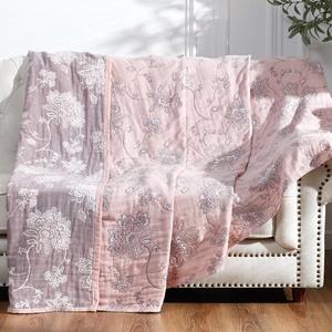 lot 7627166 image: jinchan Boho 100% Cotton Muslin Twin Size 50x60 Inches Blanket Lightweight 4-Layer Quilted Soft Pink Red Floral Throw Blanket Reversible Comfy Flower Breathable All Seasons Couch Bedroom Decor