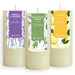 lot 7627219 image: Simply Soson 3x6 in. Ivory Scented Candles Set of 3 - Eucalyptus Sage, Citrus, Rustic Lavander - Home Aromatherapy Decor