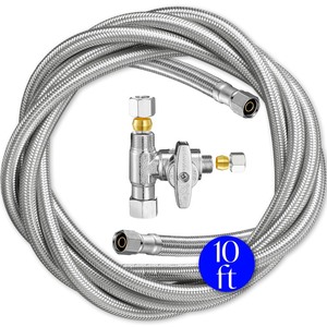 lot 7627222 image: Refrigerator Ice Maker Water Line Kit - 10 Braided Stainless Steel Fridge Water Line with 14 Compression Fittings Pex Tubing Core and Water Splitter