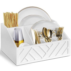 lot 7627223 image: Paper Plate Dispenser, Paper Plate Holder for Kitchen Counter, Wood Rustic Silverware Utensil Caddy, Cutlery Flatware Organizer Box for Cups Spoons Forks Plates Napkins, Kitchen Accessories (White)