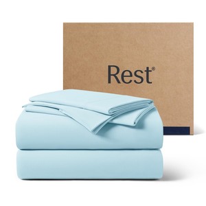 lot 7627224 image: REST Evercool Cooling Starter Sheet Set of 1 Cali King Fitted 15���� deep (Stretched to 18����) and 2 King-Size Pillowcases 30x20,Silver Ion Infused Beddings for Hot Sleepers,Light Blue - Retail $224.2