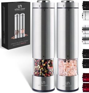 lot 7627246 image: Electric Salt and Pepper Grinder Set - Battery Operated Stainless Steel Mill with Light (2 Mills) - Automatic One Handed Operation - Electronic Adjustable Shakers - Ceramic Grinders