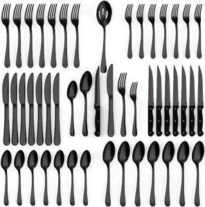 lot 7627284 image: Tribal Cooking 49 Piece Silverware Set - Service for 8 - Stainless Steel Flatware serving set - Cutlery Set - Knives, Fork, and Spoon - Dishwasher Safe - Stunning Polished Finish - Black