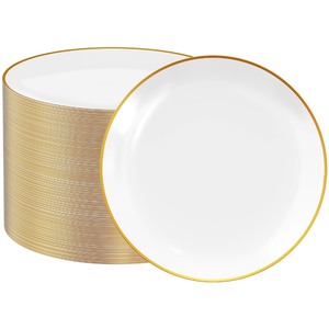 lot 7627286 image: FOCUSLINE 100 Count Gold Plastic Plates 10.25 Inch, Disposable Heavy Duty Dinner Plates, Premium Hard Plastic Plates Fancy Disposable White Plates with Gold Rim for Wedding Parties