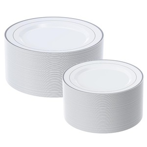 lot 7627305 image: FOCUSLINE Silver Plastic Plates Set of 60, Disposable Plates with Silver Rim 30 Dinner Plates 10 and 30 Salad Dessert Appetizer Plates 7, Elegant Fancy Heavy Duty Wedding Party Plates