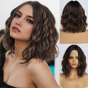lot 7627308 image: simkaylee Brown Highlight Wigs for Women 14 Inch Short Shoulder Length Middle Part Curly Wavy Bob Blonde Wig Natural Looking Synthetic Heat Resistant Fiber Wig for Daily Party Use