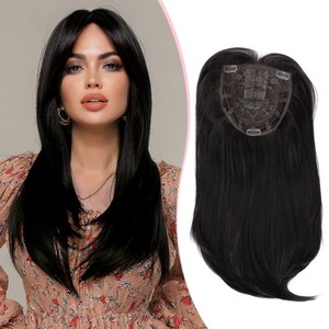 lot 7627313 image: Megito Clip in Synthetic Hair Topper with Bangs for Thinning Hair, Long Wavy Black Hair Extensions Top Wiglet Hairpieces for Women with Thinning Hair