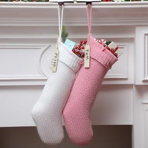 lot 7627317 image: Jamntower 2 Pcs 21 Inch Personalized Christmas Stockings Large Velvet Knitted Jumbo Hanging Stocking with Wooden Name Tag Family Decoration for Xmas Tree Mantels Fireplace Party Supplies(White, Pink)