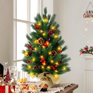 lot 7627329 image: 24 Inch Artificial Christmas Tree with 50 LED Lights, 2 FT Tabletop Christmas Pine Tree 55 Tips with 10 Pinecones, 70 Red Berries, Burlap Wooden Base, Christmas Winter Home Decorations