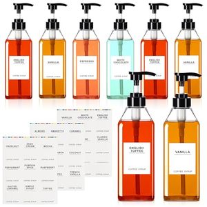 lot 7627357 image: Nuogo 6 Pcs Coffee Syrup Dispenser 300ml500ml750ml Pet Syrup Bottles Black Pump Dispenser Liquid Container Pump Bottle with 27 Labels Kitchen Accessories(16.9 oz)