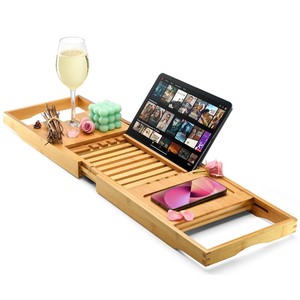 lot 7627359 image: Luxury Foldable Bathtub Tray Caddy - Waterproof Wooden Bath Organizer for Wine, Book, Soap, Phone - Expandable Size Fits Most Tubs