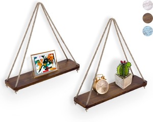 lot 7627363 image: Comfify Hanging Shelves for Wall - Set of 2 �� Rustic Farmhouse Boho Shelves with String�� 17��x5.2�� �� Thick Distressed, Torched Look Real Wood - Brown Color