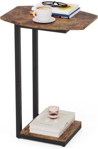 lot 7627365 image: Hosfais Small Side Table End Table, C Shaped Barrel Coffee Table with Metal Frame, Wooden TV Tray for Living Room, Bedroom, Couch, Small Spaces (Rustic Brown)